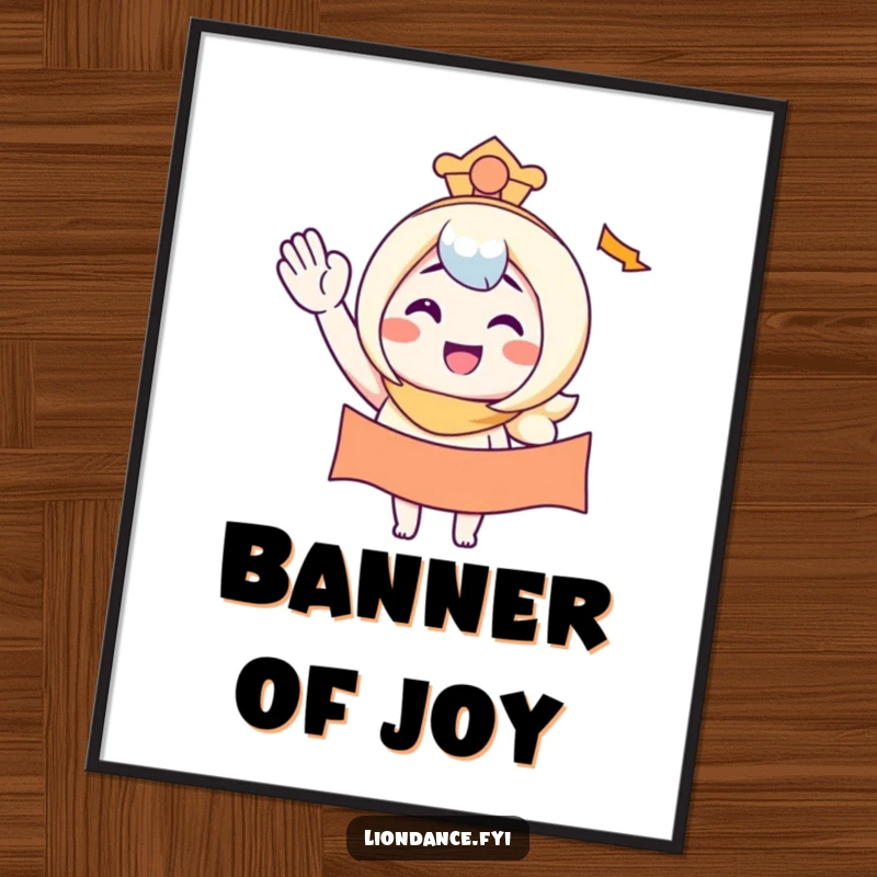 Funny digital art print of a character smiling while waving a banner, offering instant cheerful humor.