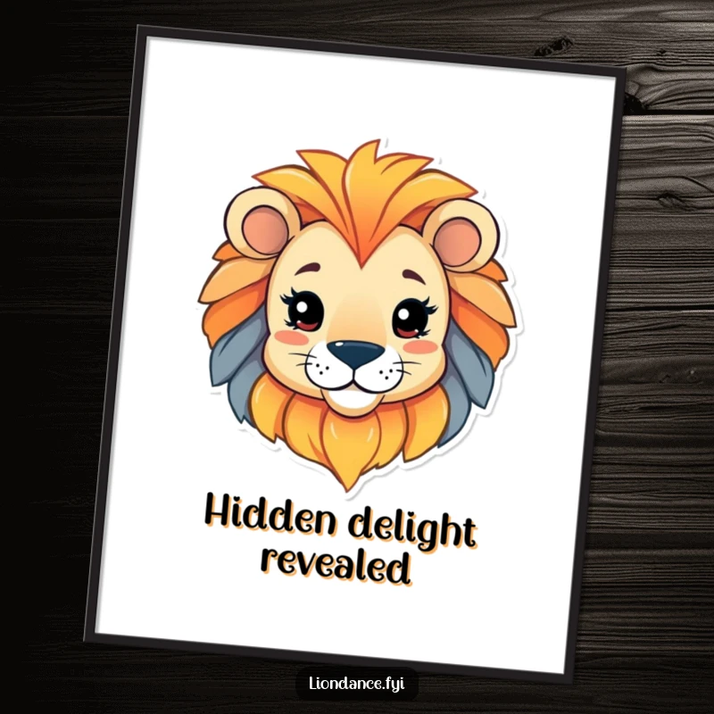 Funny digital art print of a playful character peeking from a colorful lion head, an intriguing and playful instant decoration.