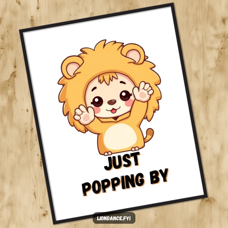 Funny digital art featuring a character peeking from a lion costume and waving enthusiastically, full of cheerful energy.