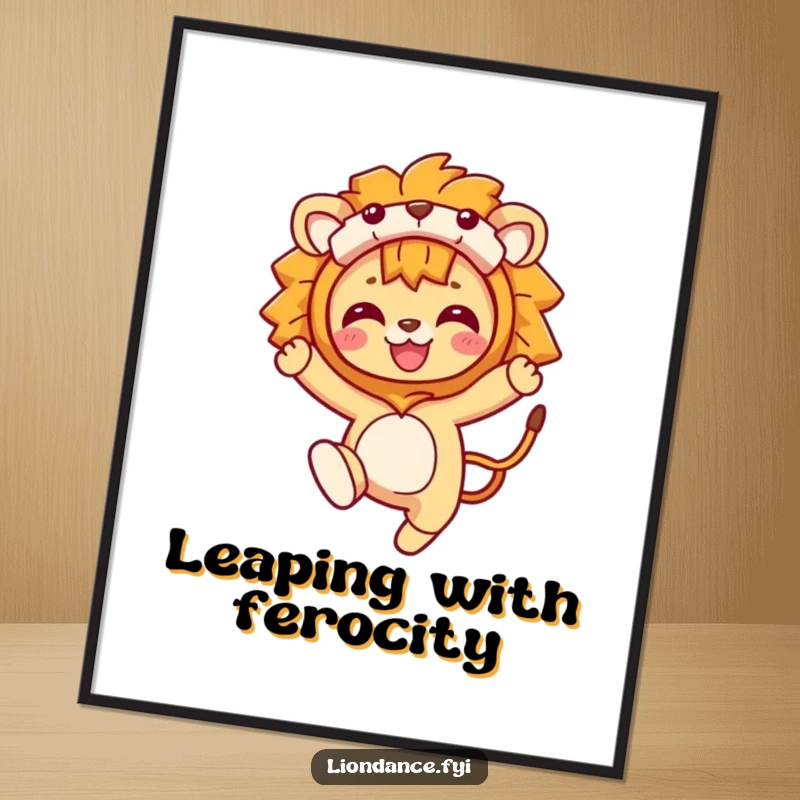 Funny Digital Art Print: A character leaping energetically in a lion costume, radiating wildness and playful spirit. Instantly downloadable humor for your walls.