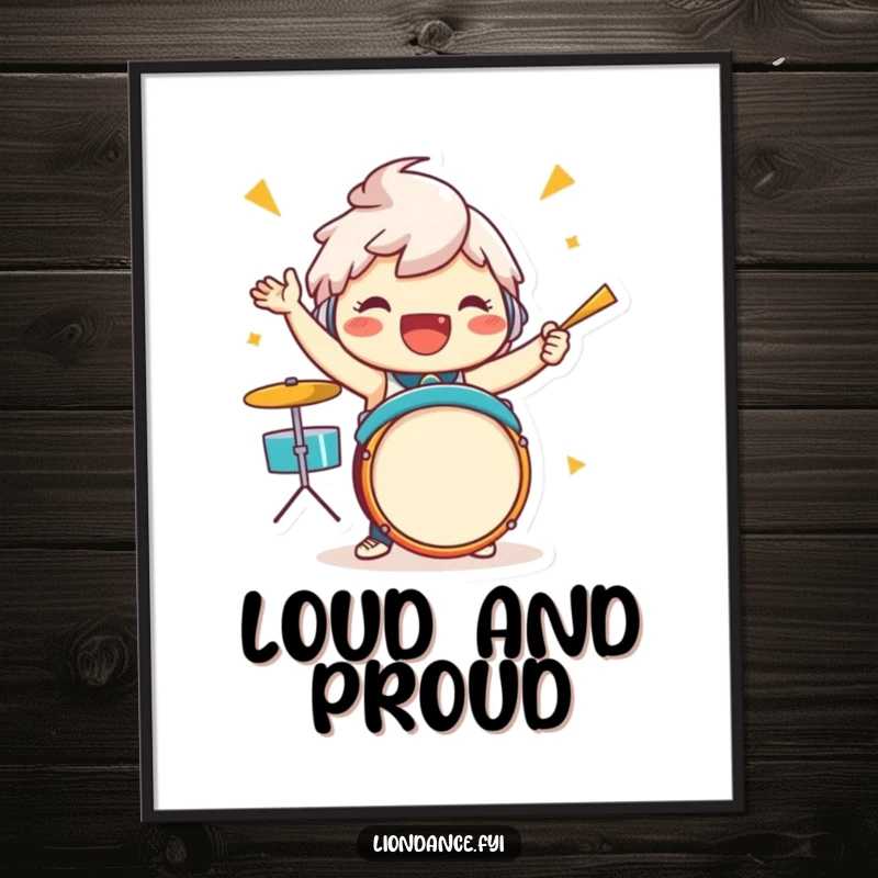 Funny drummer character digital art print of a jubilant figure enthusiastically playing drums with vibrant energy and passion.