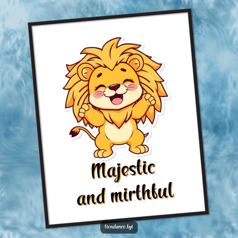 Funny digital art print of a giggling cartoon character striking a dramatic pose within a stylized lion, perfect for vibrant, humorous wall decor.