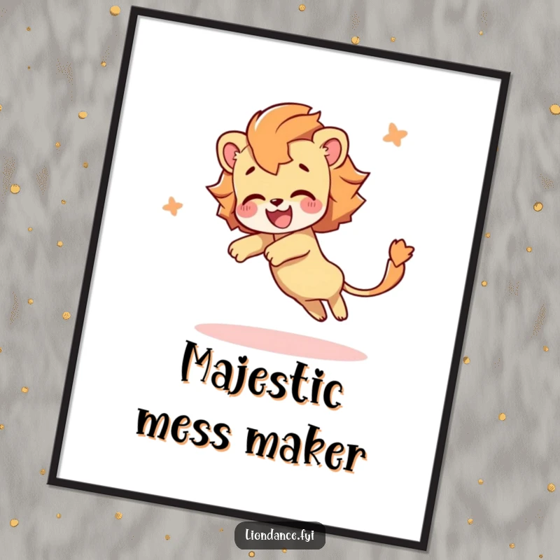 Funny digital art print of a delighted character joyfully tumbling, their lion's tail dynamically flowing, radiating pure happiness and artistic flair.