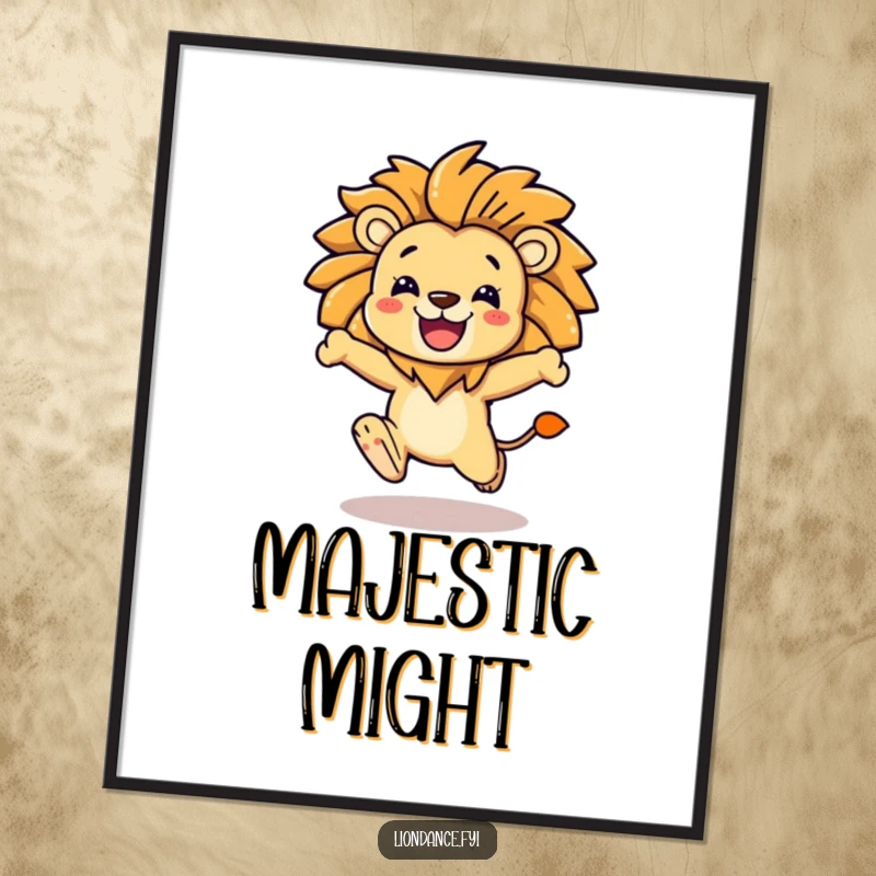 Funny character leaping with a flowing, stylized lion mane, available as a digital art print for instant motivational decor.