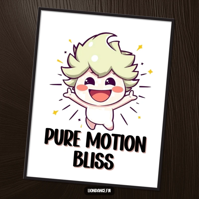 Funny digital art print of a smiling character bursting with energetic movement, ideal for printable wall decor with vibrant humor.