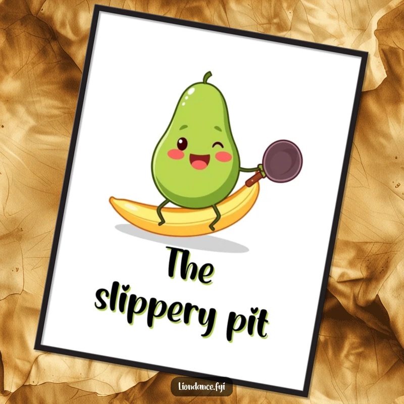 A cheerful avocado with tiny legs slipping on a banana peel while holding a wok, digital art print download.