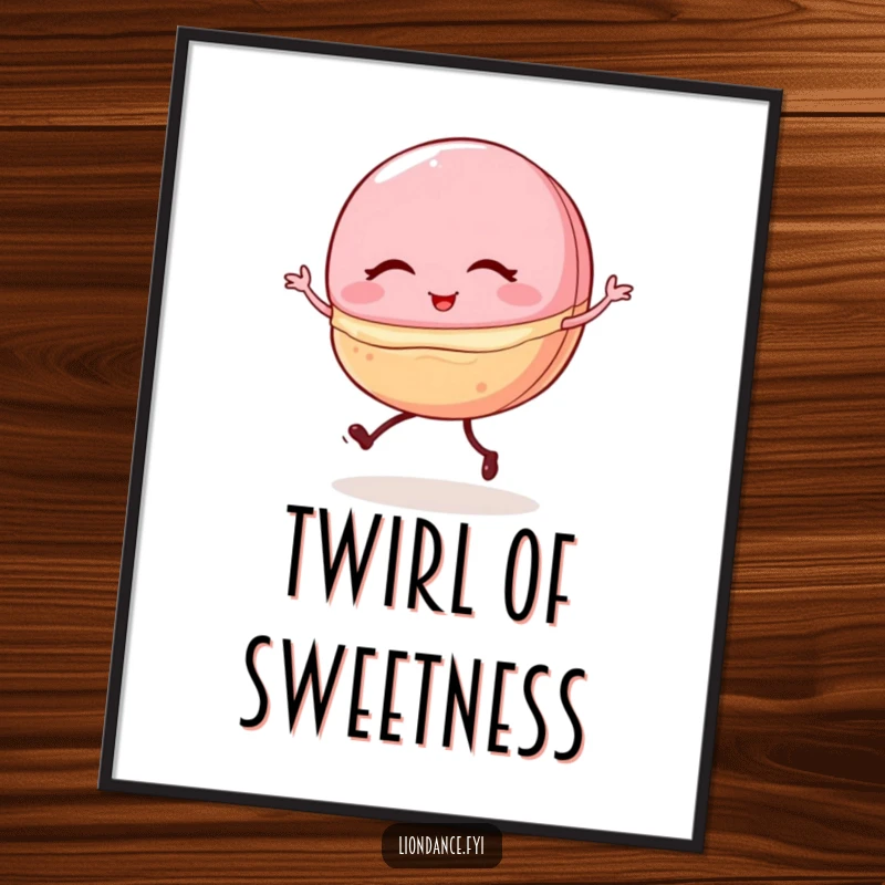 Funny digital art print of a winking macaron with tiny legs, comically performing a shaky ballet pirouette, adding sweet humor.