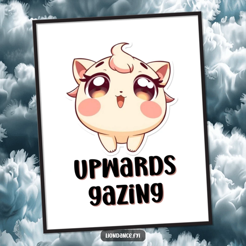 Funny digital art print of a character with wide, excited eyes looking upwards, creating wonder decor. Excellent funny gift.