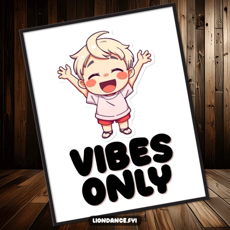 Funny digital art print of a delighted child character cheering enthusiastically, offering a burst of vibrant, contagious happiness and uplifting energy for instant decor.