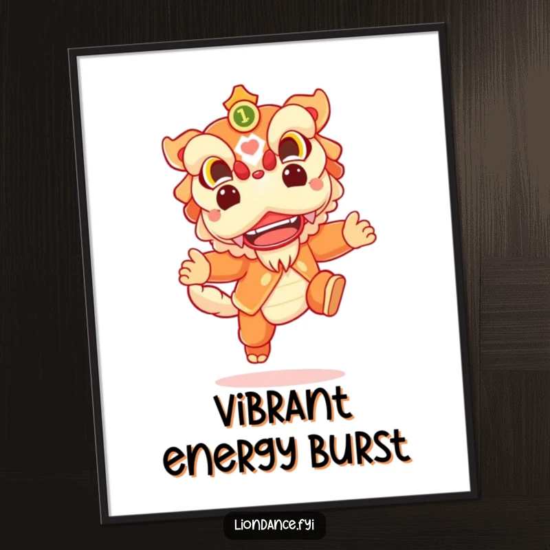 Funny digital art print of a cheerful lion dance character leaping joyfully, an energetic and festive instant decoration.