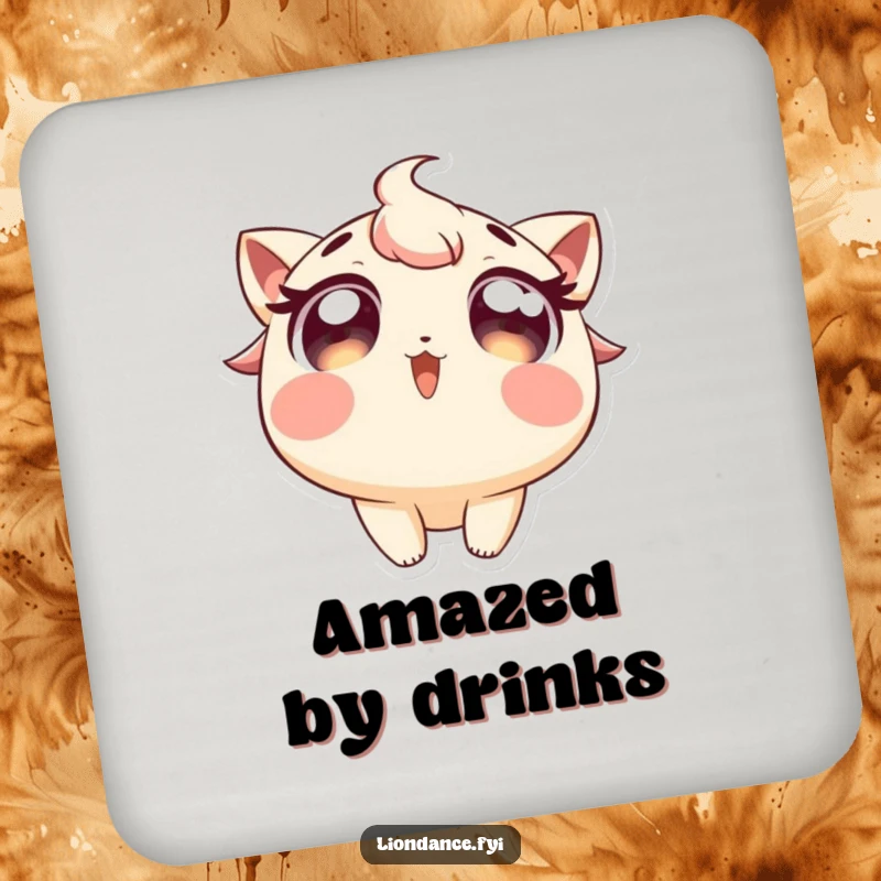 Funny drink coaster with a character sporting wide, excited eyes looking upwards, adding wonder decor. Ideal funny gift.