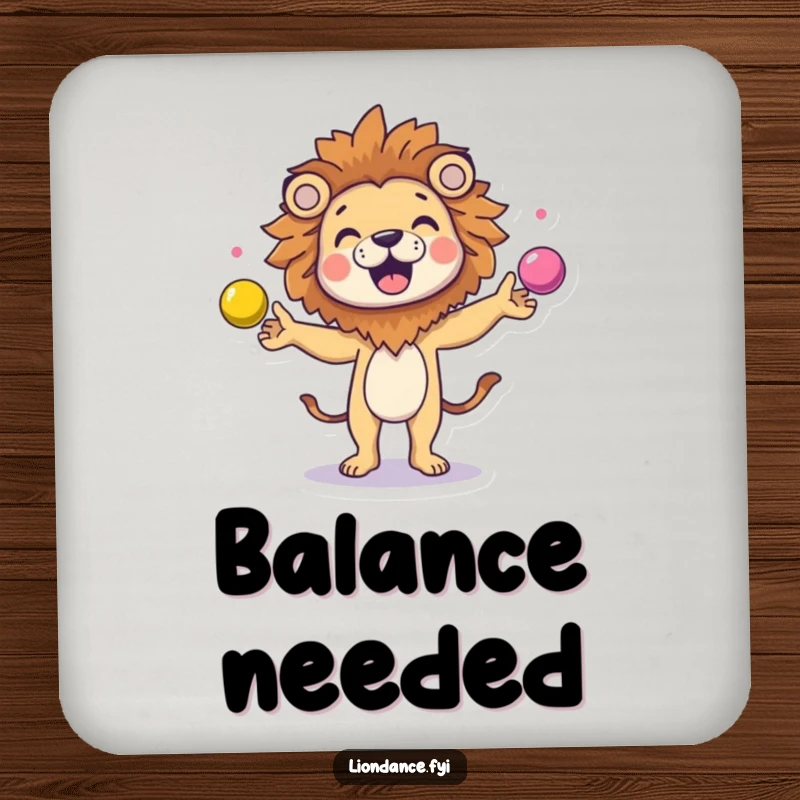 Funny character in a lion head costume juggling colorful balls on a drink coaster, adding playful charm to beverage service.