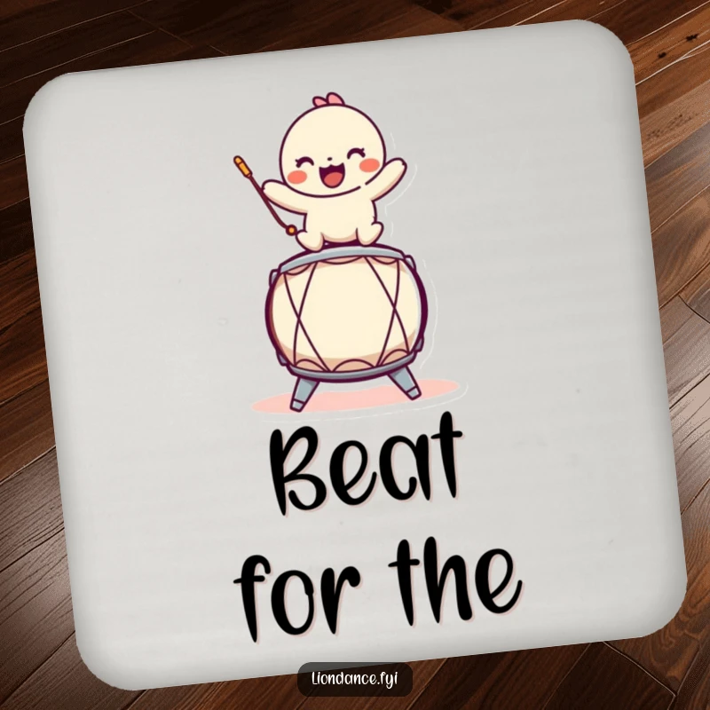 Funny drink coaster featuring a playful character balancing on a stylized drum, perfect for protecting surfaces with musical humor.