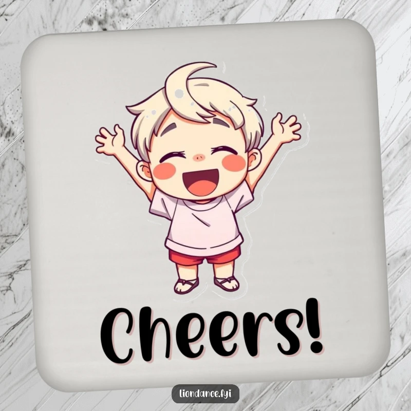 Funny drink coaster featuring a delighted child character cheering enthusiastically, adding a vibrant and happy touch to any surface while preventing spills.