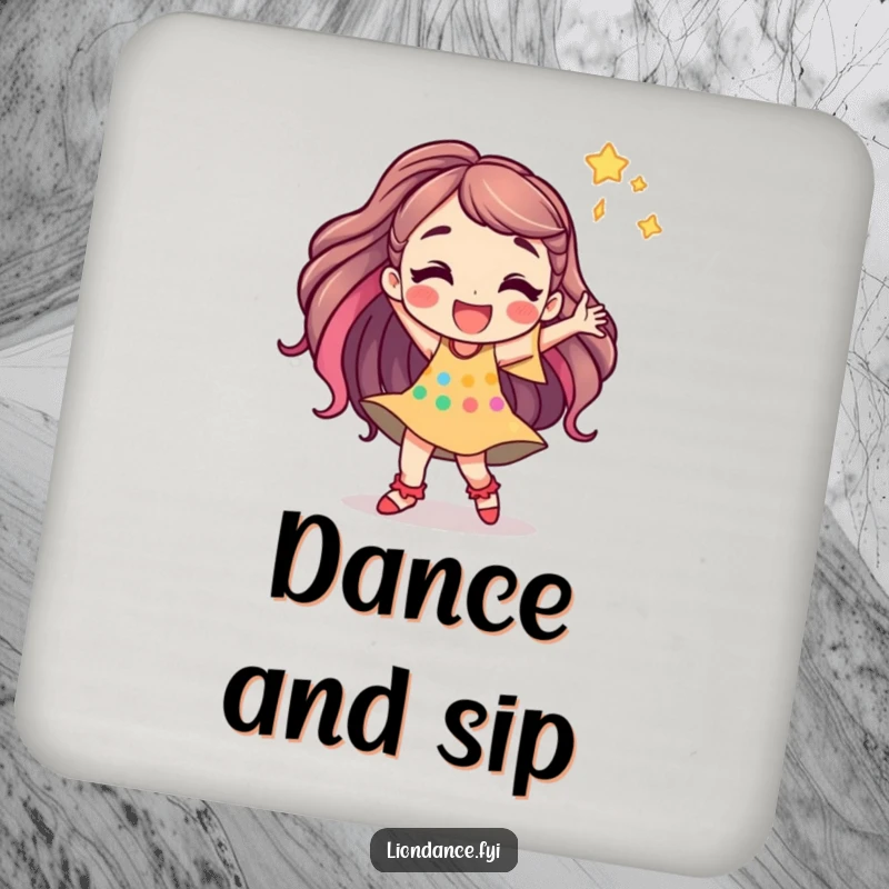 Funny drink coaster with a jubilant cartoon character dancing energetically, adding a touch of joyful humor.