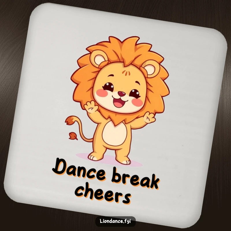 Set of funny coasters with a character dressed as a lion doing a silly, energetic dance, adding humor.