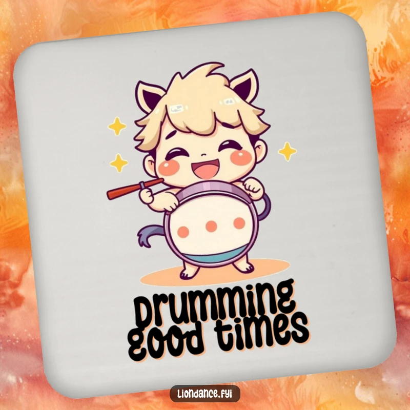 Funny Drink Coaster: A character grinning while drumming, protecting surfaces with rhythmic charm and joyful expression. Adds humor to any setting.