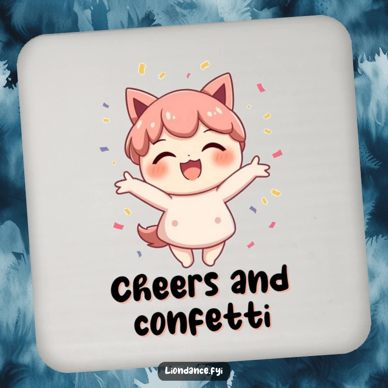 Funny confetti character coaster showing a delighted smiling figure scattering colorful confetti, adding a festive touch to drink protection.