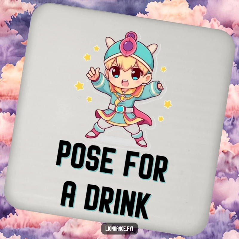 Funny Drink Coasters showcasing a character in a colorful costume striking a dynamic pose, stylish and protective, a charming funny gift.