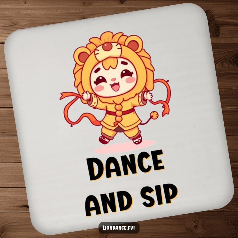Funny character dancing with flowing ribbons and a lion costume on a drink coaster, adding festive charm to beverage service.