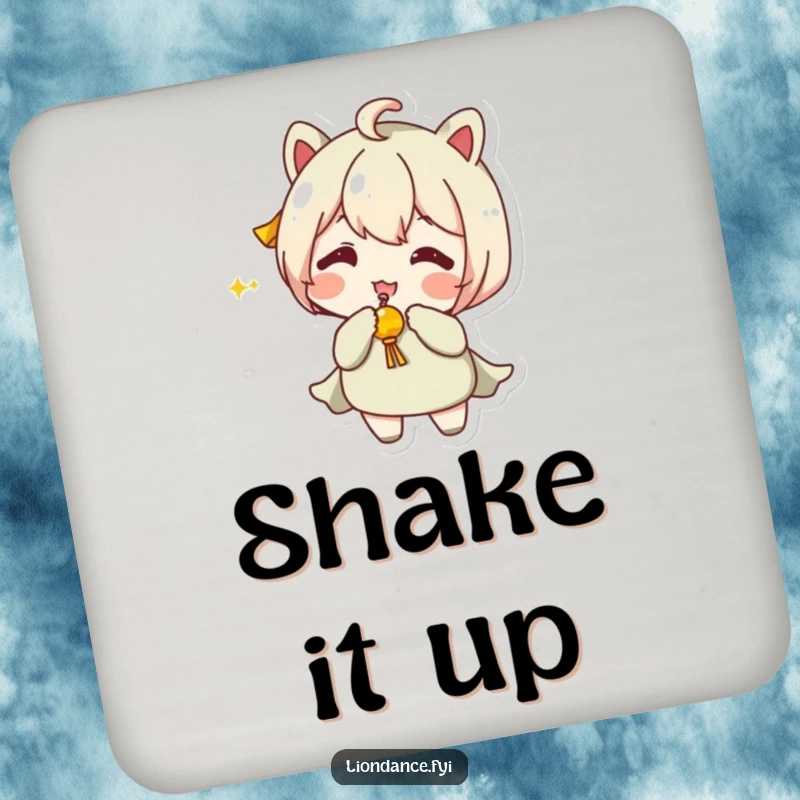 Funny Drink Coaster with a character shaking a jingling prop, adding a humorous element to any table setting.