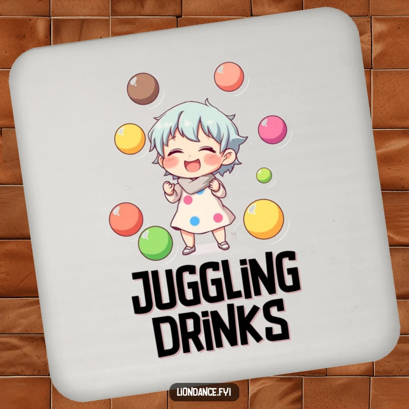 Funny drink coaster with a character laughing while juggling colorful balls, protecting surfaces with playful humor.
