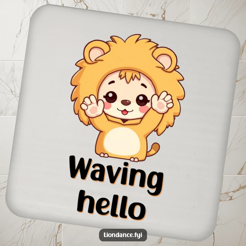 Set of funny coasters with a character peeking from a lion costume and waving enthusiastically, adding a friendly touch.