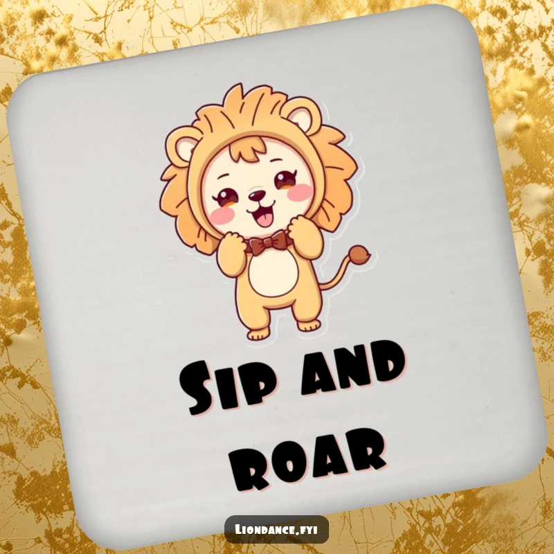 Set of funny coasters with a cute character in a lion costume performing a playful bow, adding a humorous touch.