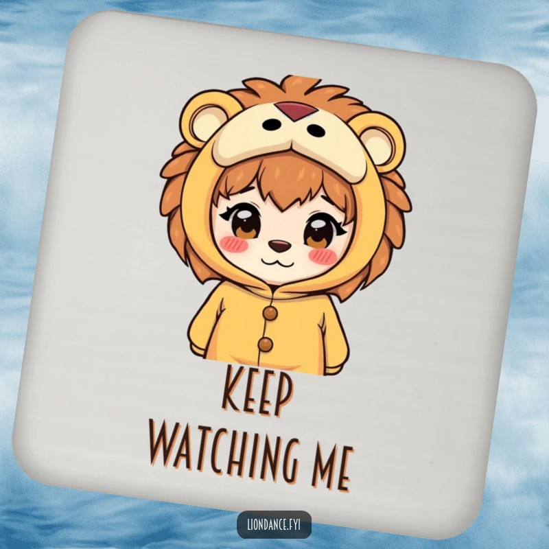 Funny drink coaster featuring a curious character peeking from the eyes of a lion costume, adding humor and surface protection with intrigue.