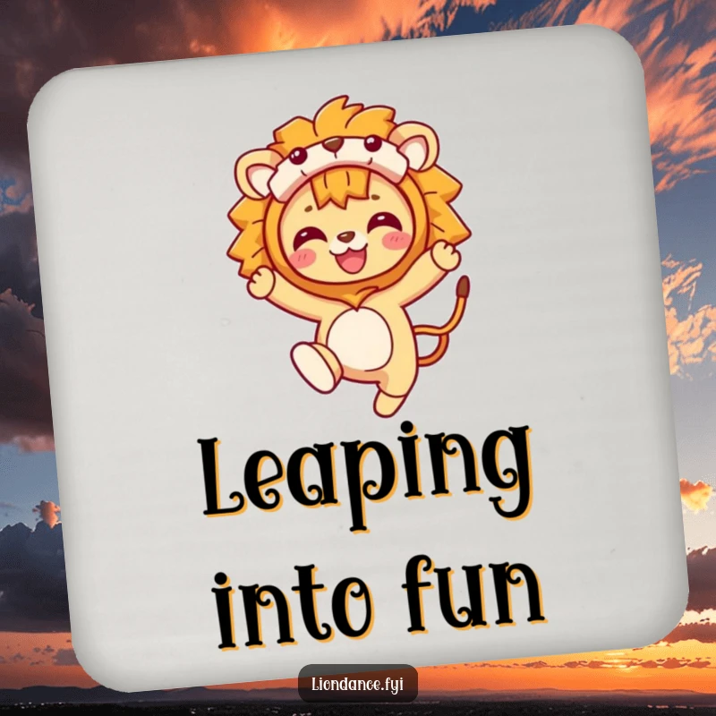 Funny Drink Coaster: A character leaping in a lion costume, protecting surfaces with wild charm and playful energy. Adds humor to any setting.