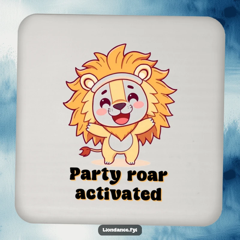 Funny drink coaster with a playful character in a large lion costume head doing a happy spin, protecting surfaces with humor.