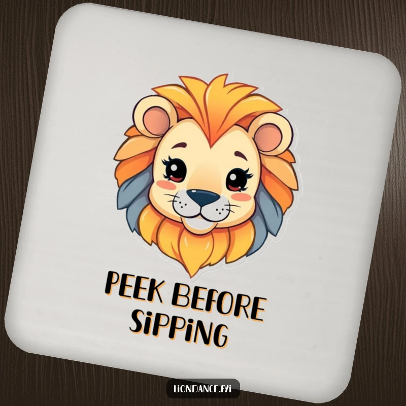 Funny drink coaster featuring a playful character peeking from a colorful lion head, adding quirky charm and protecting surfaces.