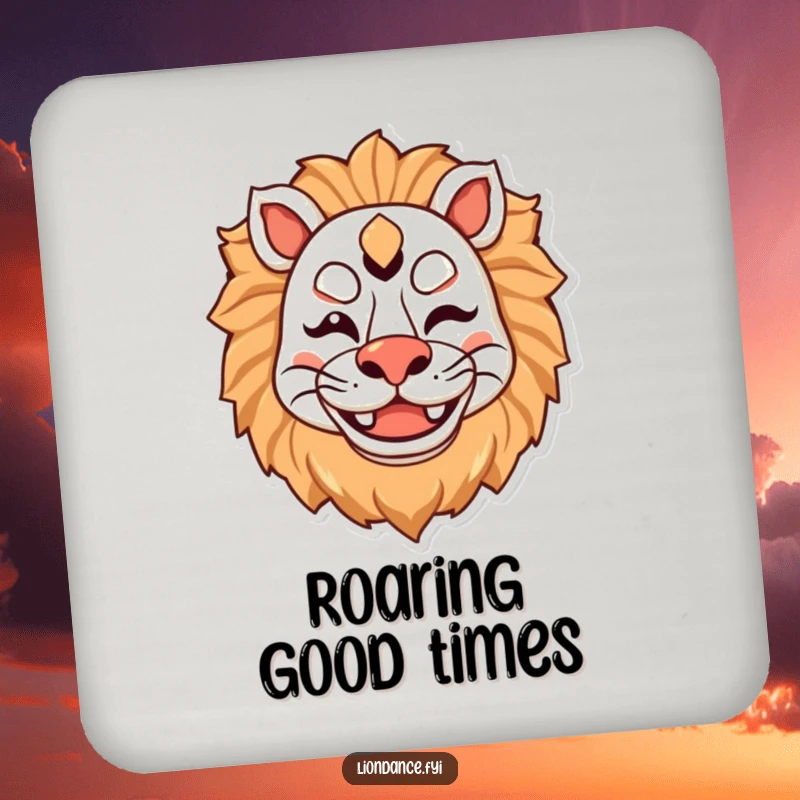 Funny drink coaster featuring a cute lion mask character winking with a big smile, protecting surfaces with humorous charm.