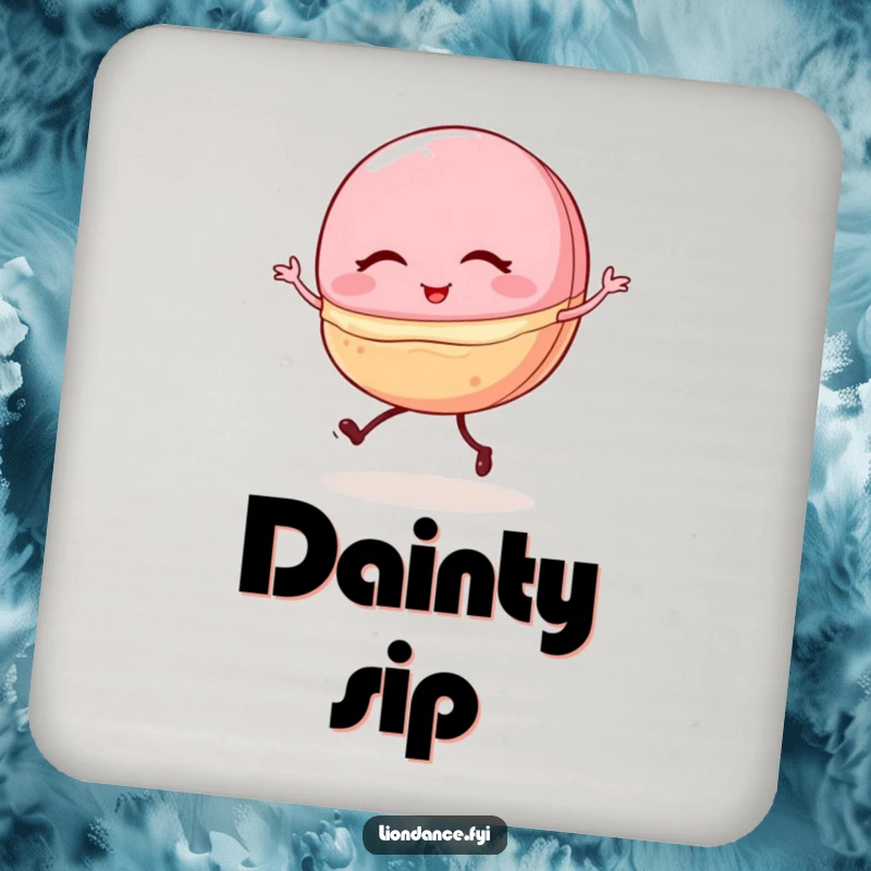 Funny drink coaster featuring a winking macaron with tiny legs, comically doing a shaky ballet pirouette, protecting surfaces humorously.