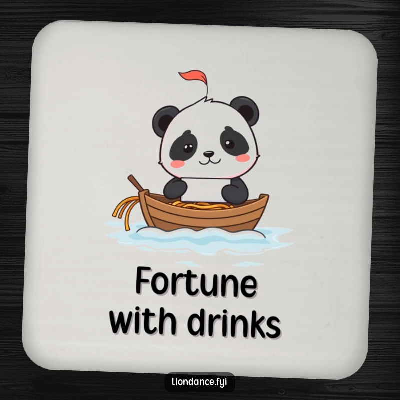 Mischievous panda using a fortune cookie as a tiny sailboat on a noodle ocean, displayed on a drink coaster.