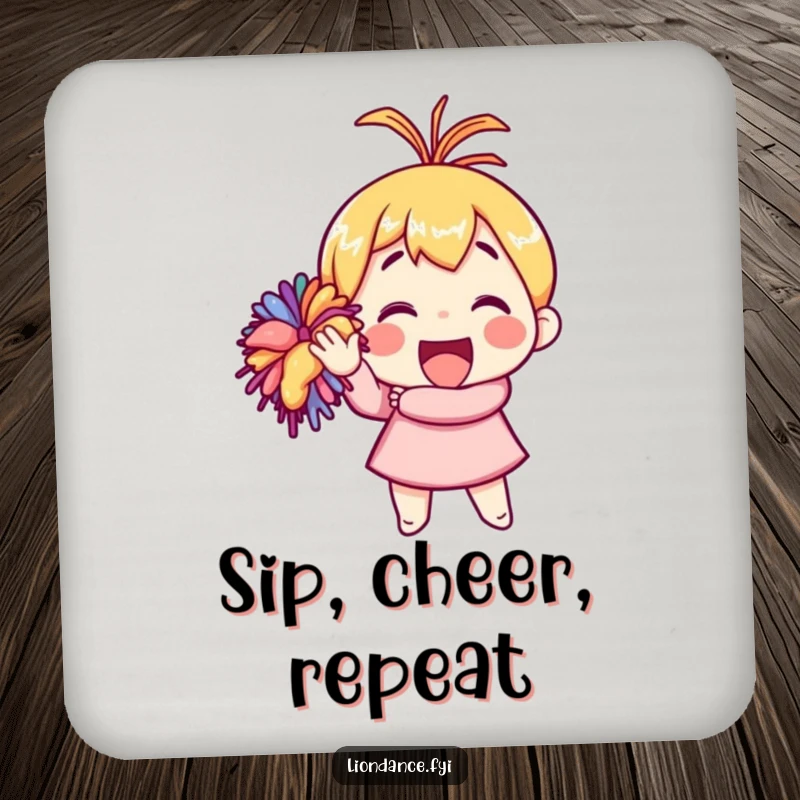 Funny drink coaster with a character enthusiastically waving a pom-pom, a cheerful and protective accessory.