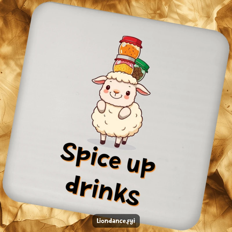 Funny sheep skillfully balancing a stack of colorful spice jars on its head, displayed on a drink coaster.
