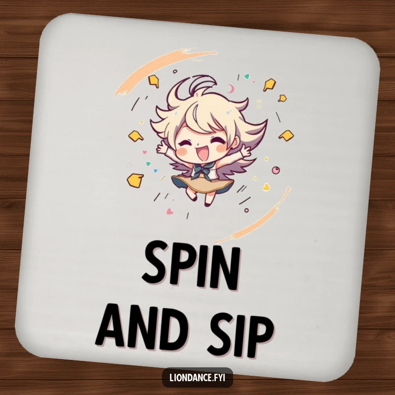 Funny drink coaster with a character spinning energetically with playful strokes, adding fun decor. Ideal funny gift.