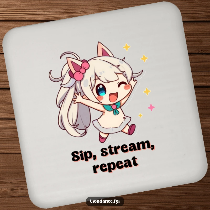 Funny streamer party coaster depicting a playful character in a dynamic pose with streamers, adding festive charm.