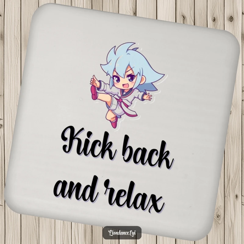 Funny drink coaster featuring a character mid-kick, adding a touch of dynamic flair to beverage protection.