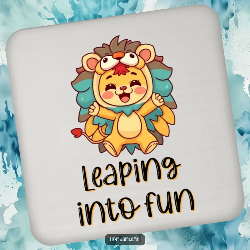 Funny drink coaster with a character joyfully leaping from a colorful lion costume, protecting surfaces with energetic humor.