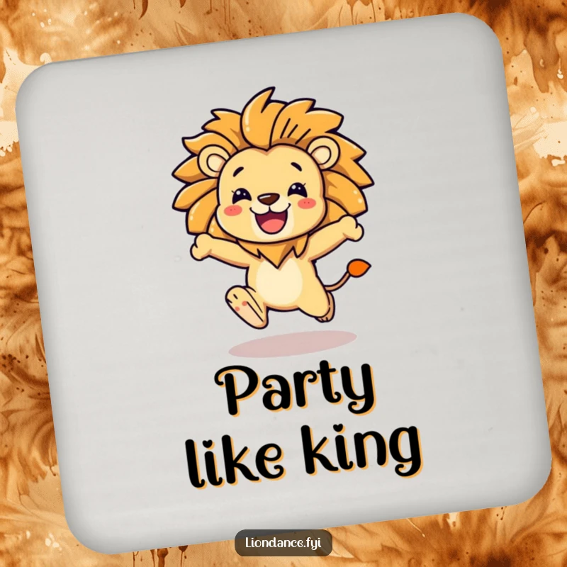 Funny character leaping with a stylized lion mane on a drink coaster, adding a bold touch to beverage service.