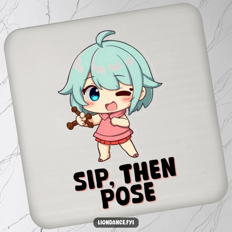 Funny drink coaster with a character striking a funny, exaggerated pose with a prop, a dramatic and protective accessory.
