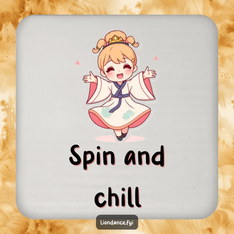 Funny celebration spin coaster depicting a happy character in a costume spinning joyfully, adding festive flair to surfaces.