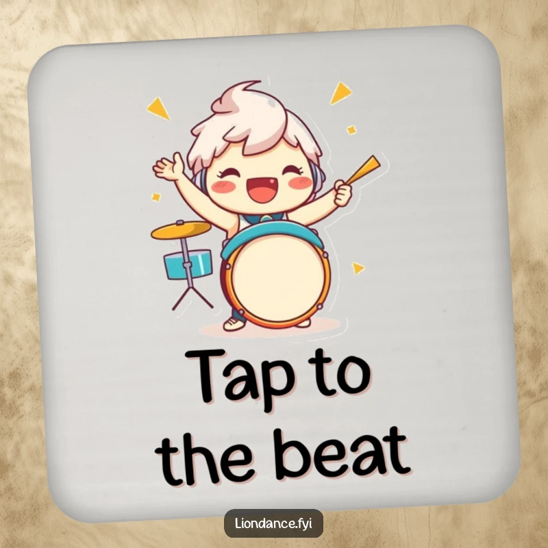 Funny drummer character coaster showcasing a jubilant figure energetically playing drums, protecting surfaces with musical flair.