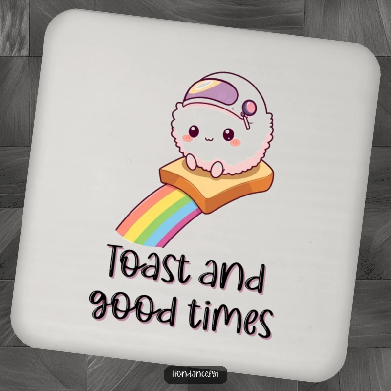 Funny drink coaster depicting a fluffy creature in a helmet sliding down a rainbow on toast, whimsical protector.