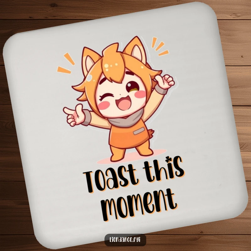 Funny drink coaster featuring a delighted character in a bold, triumphant, and celebratory pose, offering surface protection with humor.