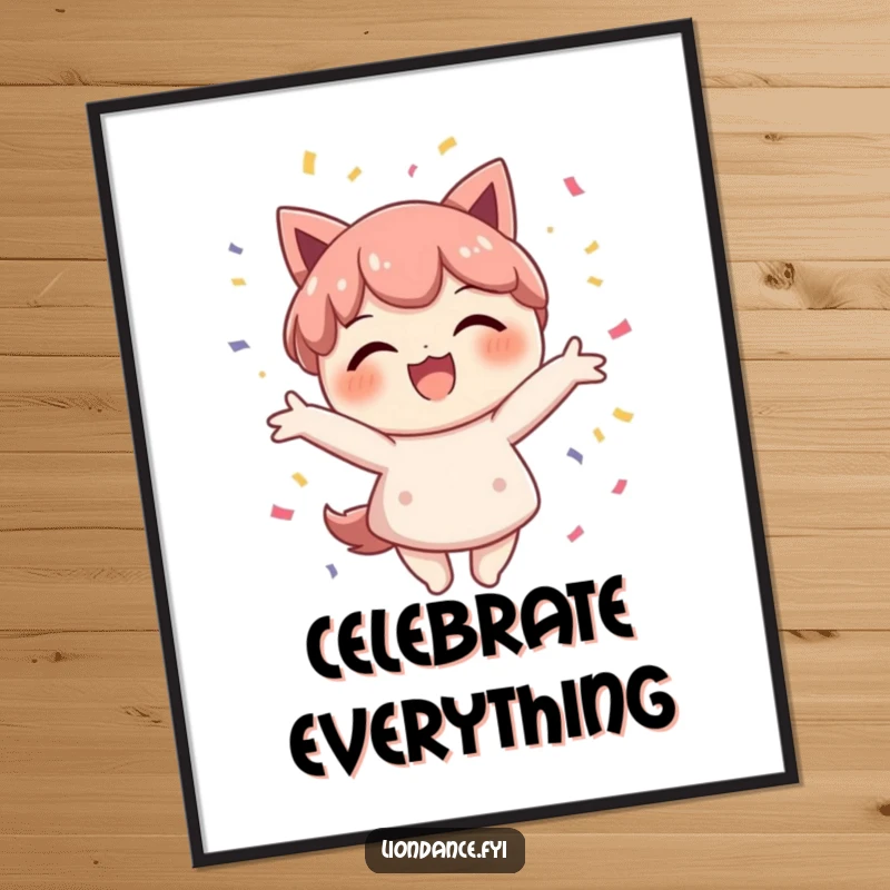 Funny confetti character poster capturing a delighted figure beaming with a smile while enthusiastically scattering a cascade of colorful confetti.