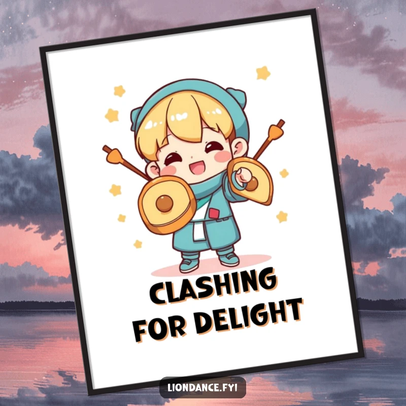 Funny Poster: A character grinning widely while clashing cymbals, embodying celebratory joy and energetic fun. Adds a festive and humorous touch.