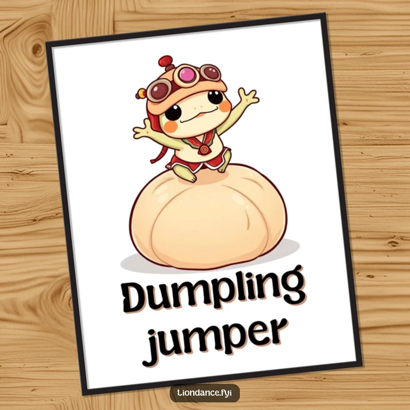 Funny frog in a mini lion dance costume jumping over a very large dumpling, printed as vibrant wall art.